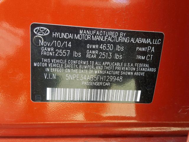 5NPE34AB5FH129948 - 2015 HYUNDAI SONATA SPO ORANGE photo 10