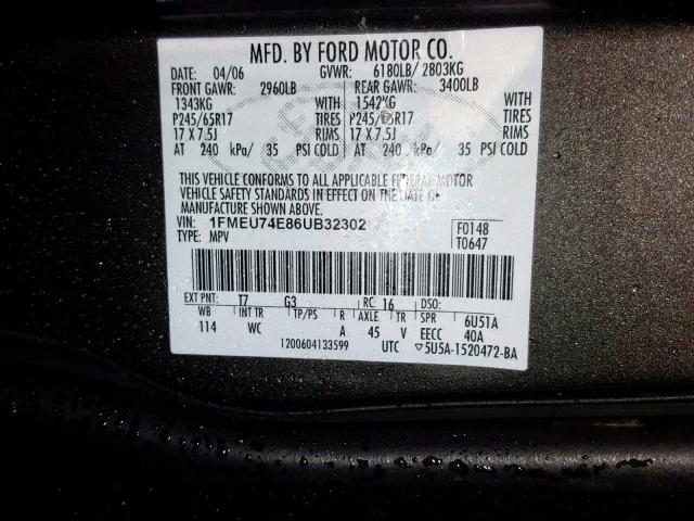 1FMEU74E86UB32302 - 2006 FORD EXPLORER E GRAY photo 10