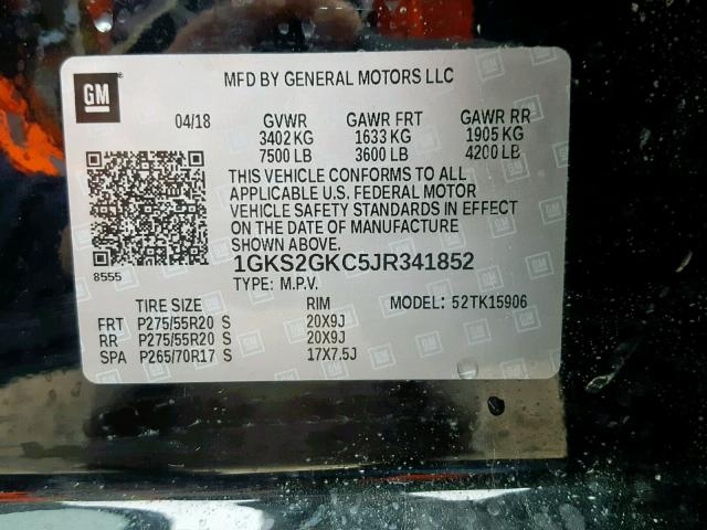 1GKS2GKC5JR341852 - 2018 GMC YUKON XL K BLACK photo 10