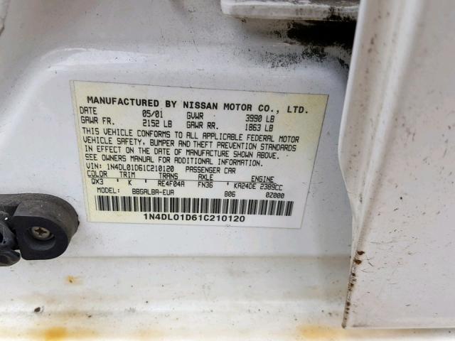 1N4DL01D61C210120 - 2001 NISSAN ALTIMA XE WHITE photo 10