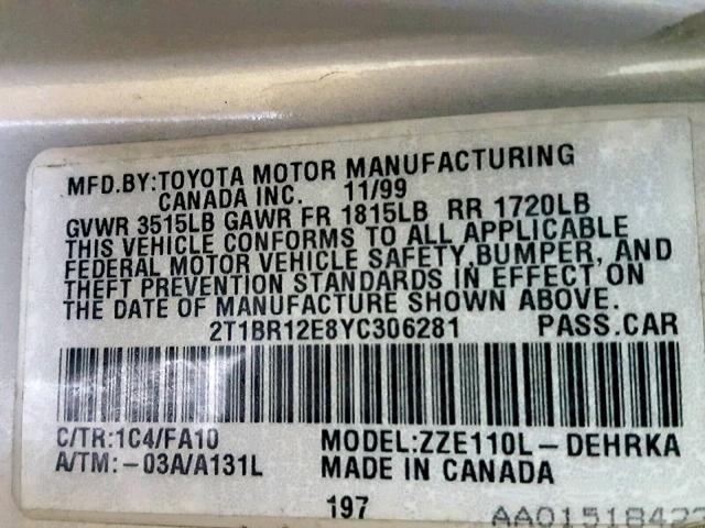 2T1BR12E8YC306281 - 2000 TOYOTA COROLLA VE SILVER photo 10