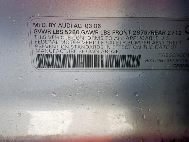 WAUDH74FX6N164298 - 2006 AUDI A6 3.2 QUA SILVER photo 10