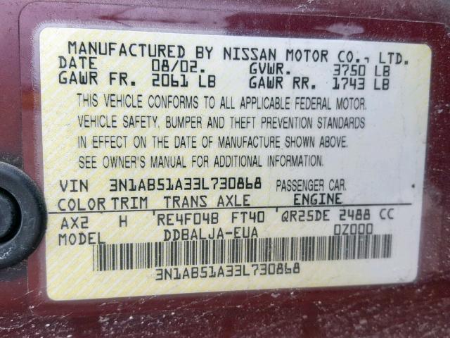 3N1AB51A33L730868 - 2003 NISSAN SENTRA SE- RED photo 10