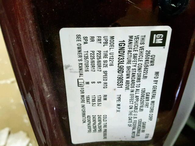 1GNDV33L96D190531 - 2006 CHEVROLET UPLANDER L Qırmızı foto 10