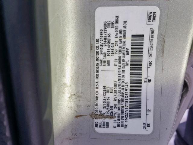 4N2ZN17T81D819148 - 2001 NISSAN QUEST GLE GRAY photo 10
