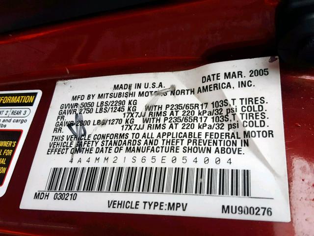 4A4MM21S65E054004 - 2005 MITSUBISHI ENDEAVOR L RED photo 10