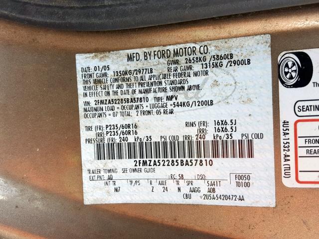 2FMZA52285BA57810 - 2005 FORD FREESTAR S BEIGE photo 10