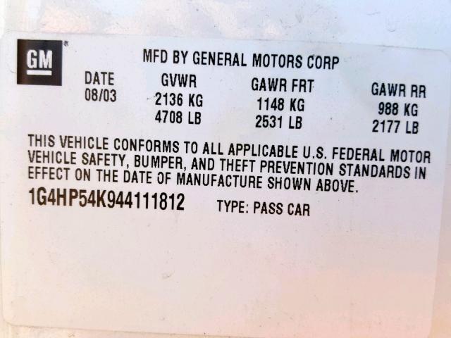 1G4HP54K944111812 - 2004 BUICK LESABRE CU WHITE photo 10