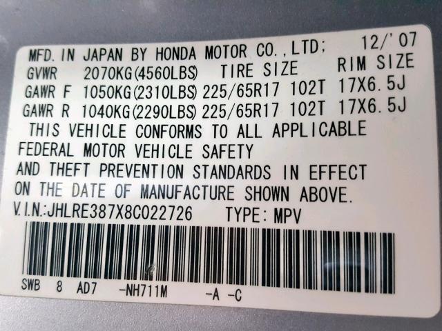 JHLRE387X8C022726 - 2008 HONDA CR-V EXL SILVER photo 10