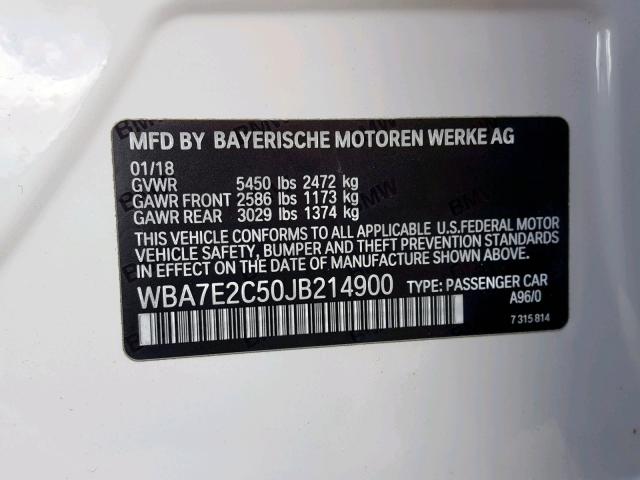 WBA7E2C50JB214900 - 2018 BMW 740 I WHITE photo 10