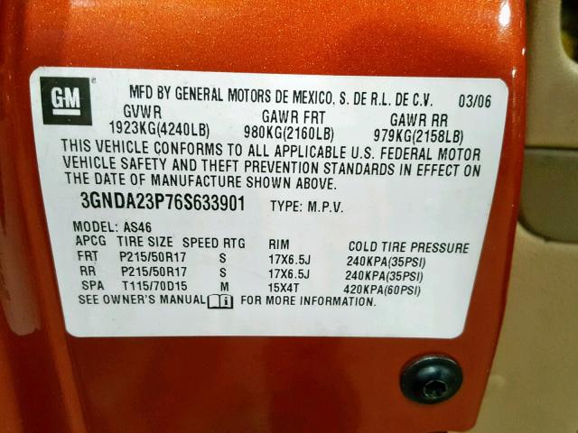 3GNDA23P76S633901 - 2006 CHEVROLET HHR LT ORANGE photo 10