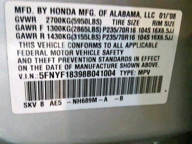 5FNYF18398B041004 - 2008 HONDA PILOT SE SILVER photo 10