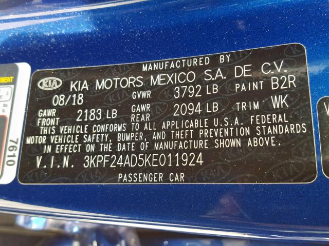 3KPF24AD5KE011924 - 2019 KIA FORTE FE BLUE photo 10