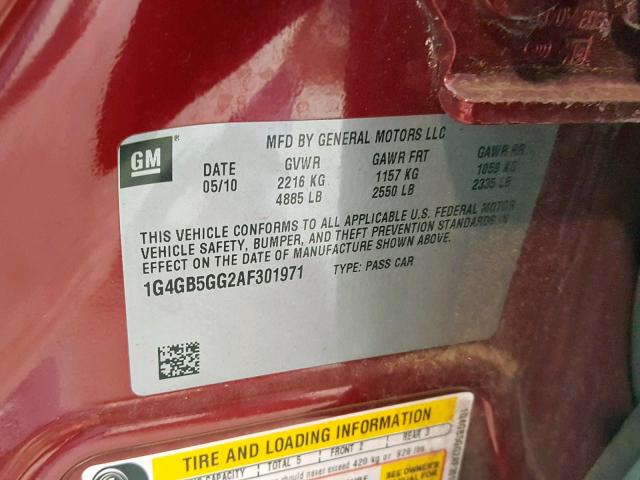 1G4GB5GG2AF301971 - 2010 BUICK LACROSSE C RED photo 10