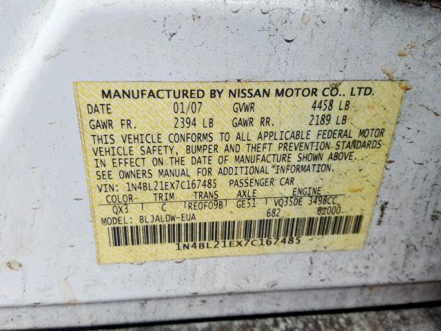 1N4BL21EX7C167485 - 2007 NISSAN ALTIMA 3.5 WHITE photo 10