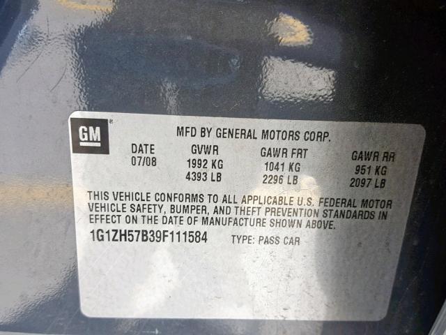 1G1ZH57B39F111584 - 2009 CHEVROLET MALIBU 1LT ნაცრისფერი ფოტო 10