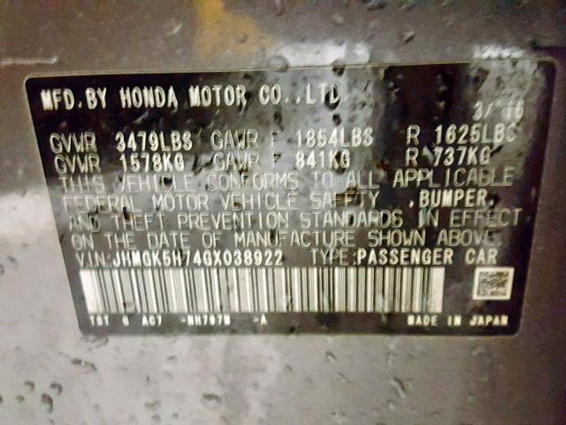 JHMGK5H74GX038922 - 2016 HONDA FIT EX GRAY photo 10