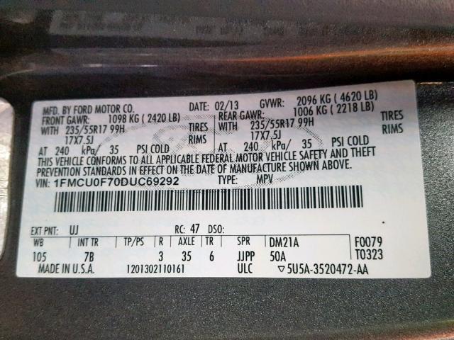 1FMCU0F70DUC69292 - 2013 FORD ESCAPE S GRAY photo 10