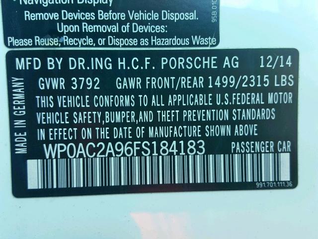 WP0AC2A96FS184183 - 2015 PORSCHE 911 GT3 WHITE photo 10