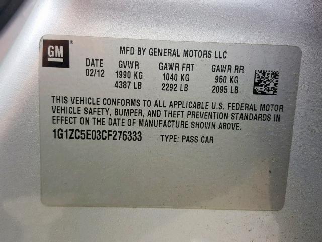 1G1ZC5E03CF276333 - 2012 CHEVROLET MALIBU 1LT 银色 照片 10