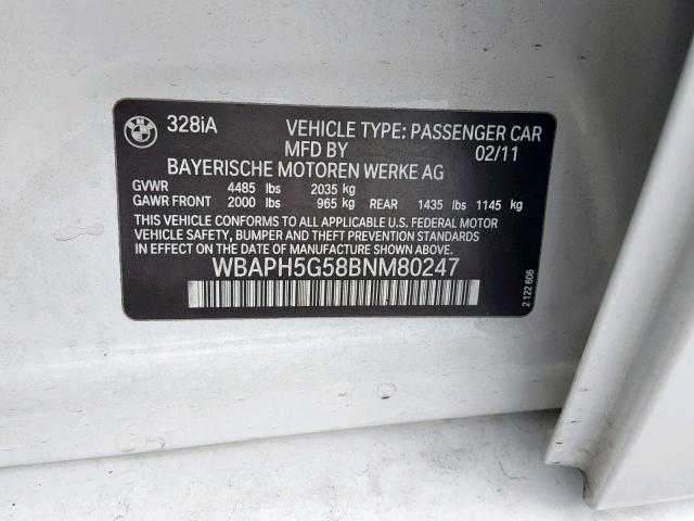 WBAPH5G58BNM80247 - 2011 BMW 328 I SULE WHITE photo 10