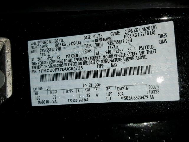 1FMCU0F77DUC54725 - 2013 FORD ESCAPE S BLACK photo 10