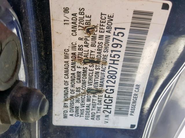 2HGFG12807H519751 - 2007 HONDA CIVIC EX ლურჯი ფოტო 10