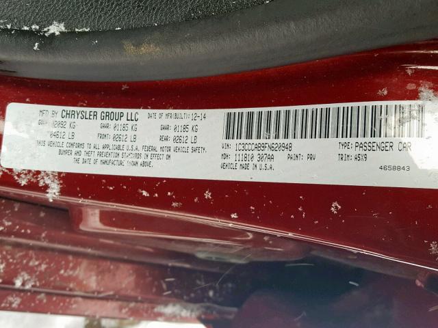 1C3CCCAB9FN620948 - 2015 CHRYSLER 200 LIMITE RED photo 10