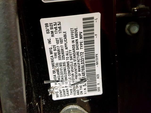 5J6RE48769L033172 - 2009 HONDA CR-V EXL BLACK photo 10