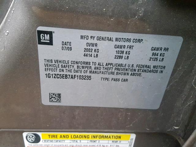 1G1ZC5EB7AF103235 - 2010 CHEVROLET MALIBU 1LT ბეჟი ფოტო 10