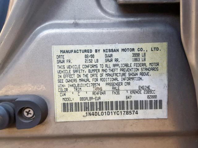 1N4DL01D1YC178574 - 2000 NISSAN ALTIMA XE GOLD photo 10