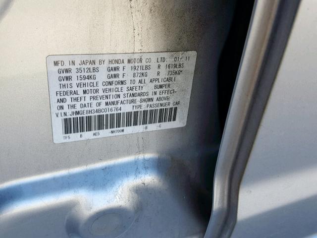 JHMGE8H34BC016764 - 2011 HONDA FIT SILVER photo 10