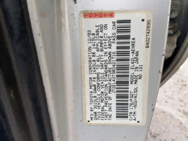 JT2EL43T9R0421716 - 1994 TOYOTA TERCEL DX GRAY photo 10