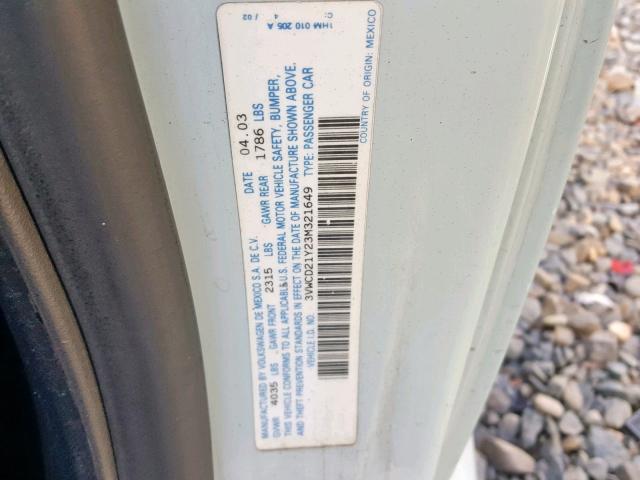 3VWCD21Y23M321649 - 2003 VOLKSWAGEN NEW BEETLE BLUE photo 10