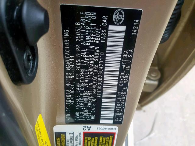4T1BK3DB2BU420110 - 2011 TOYOTA AVALON BAS GOLD photo 10
