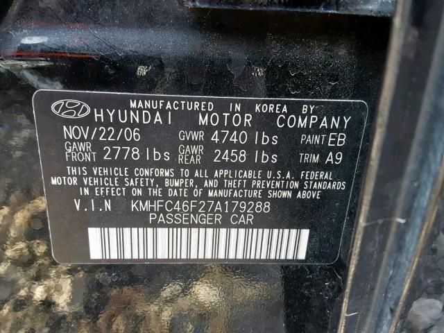 KMHFC46F27A179288 - 2007 HYUNDAI AZERA SE BLACK photo 10