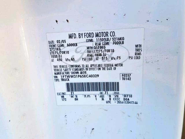 1FTWW31P65EC40329 - 2005 FORD F350 SRW S WHITE photo 10