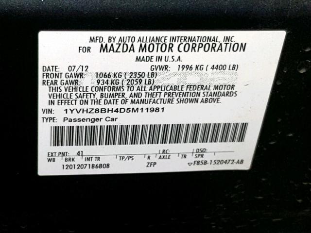 1YVHZ8BH4D5M11981 - 2013 MAZDA 6 SPORT BLACK photo 10