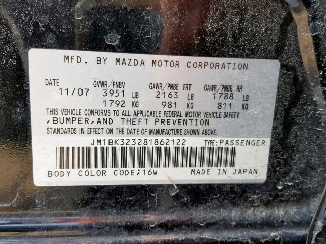 JM1BK323281862122 - 2008 MAZDA 3 S BLACK photo 10