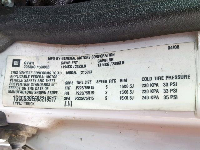 1GCCS39E688219517 - 2008 CHEVROLET COLORADO L WHITE photo 10