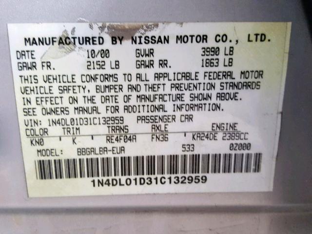 1N4DL01D31C132959 - 2001 NISSAN ALTIMA XE GRAY photo 10