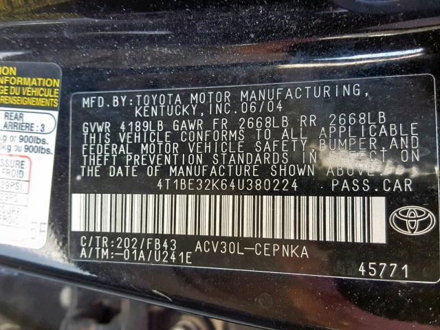 4T1BE32K64U380224 - 2004 TOYOTA CAMRY LE BLACK photo 10