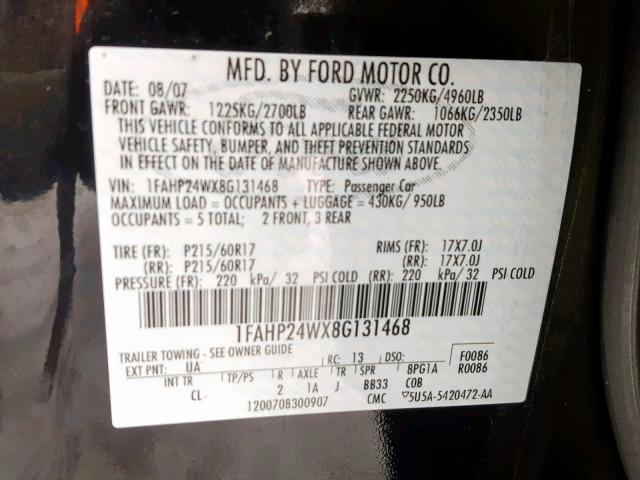 1FAHP24WX8G131468 - 2008 FORD TAURUS SEL BLACK photo 10