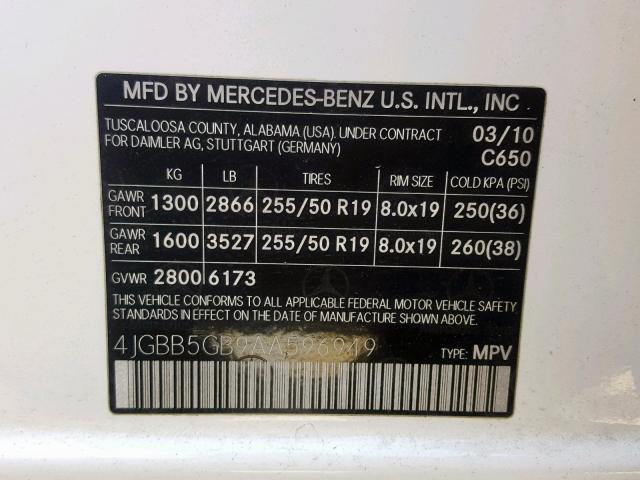 4JGBB5GB9AA596949 - 2010 MERCEDES-BENZ ML 350 WHITE photo 10