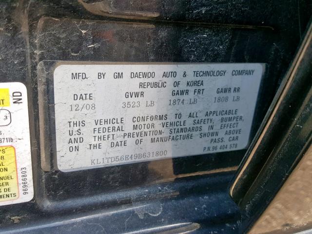 KL1TD56E49B631800 - 2009 CHEVROLET AVEO LS BLACK photo 10