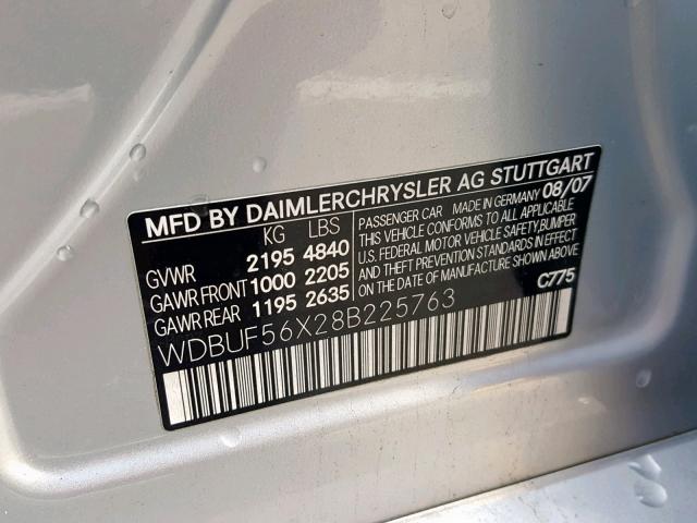 WDBUF56X28B225763 - 2008 MERCEDES-BENZ E 350 SILVER photo 10