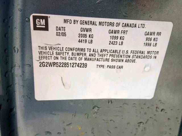 2G2WP522851274239 - 2005 PONTIAC GRAND PRIX GREEN photo 10