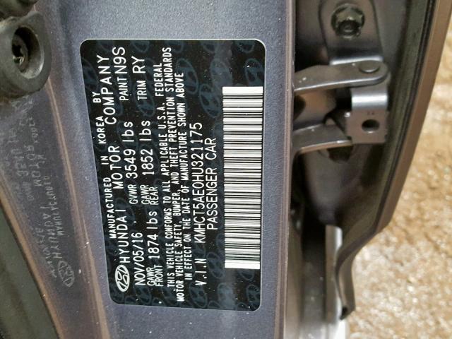 KMHCT5AE0HU321175 - 2017 HYUNDAI ACCENT SE GRAY photo 10