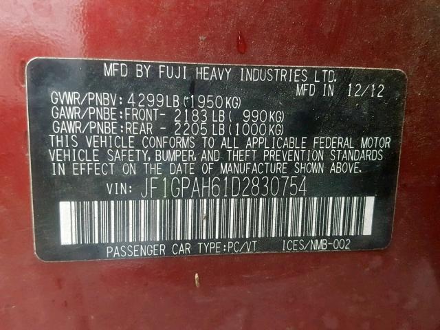 JF1GPAH61D2830754 - 2013 SUBARU IMPREZA LI RED photo 10