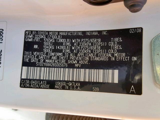 5TDZY68A28S005676 - 2008 TOYOTA SEQUOIA LI WHITE photo 10